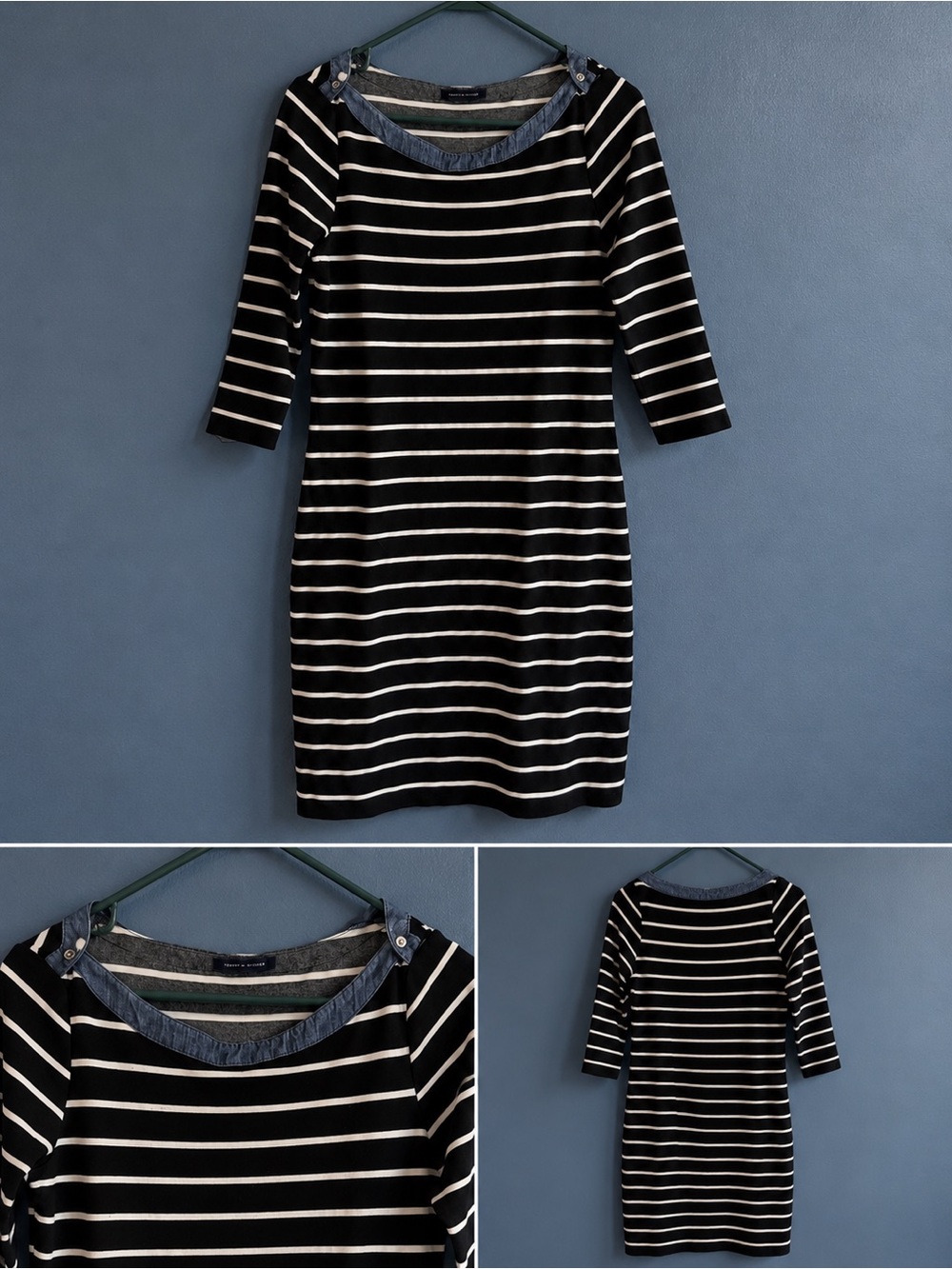 Tommy Hilfiger Black White Striped Sheath Dress Chambray Trim M